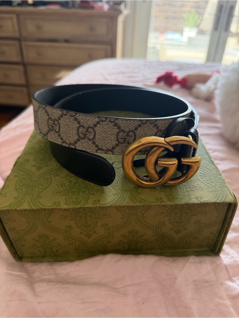 Gucci GG Canvas and Black Leather Belt with Gold Double-G Buckle